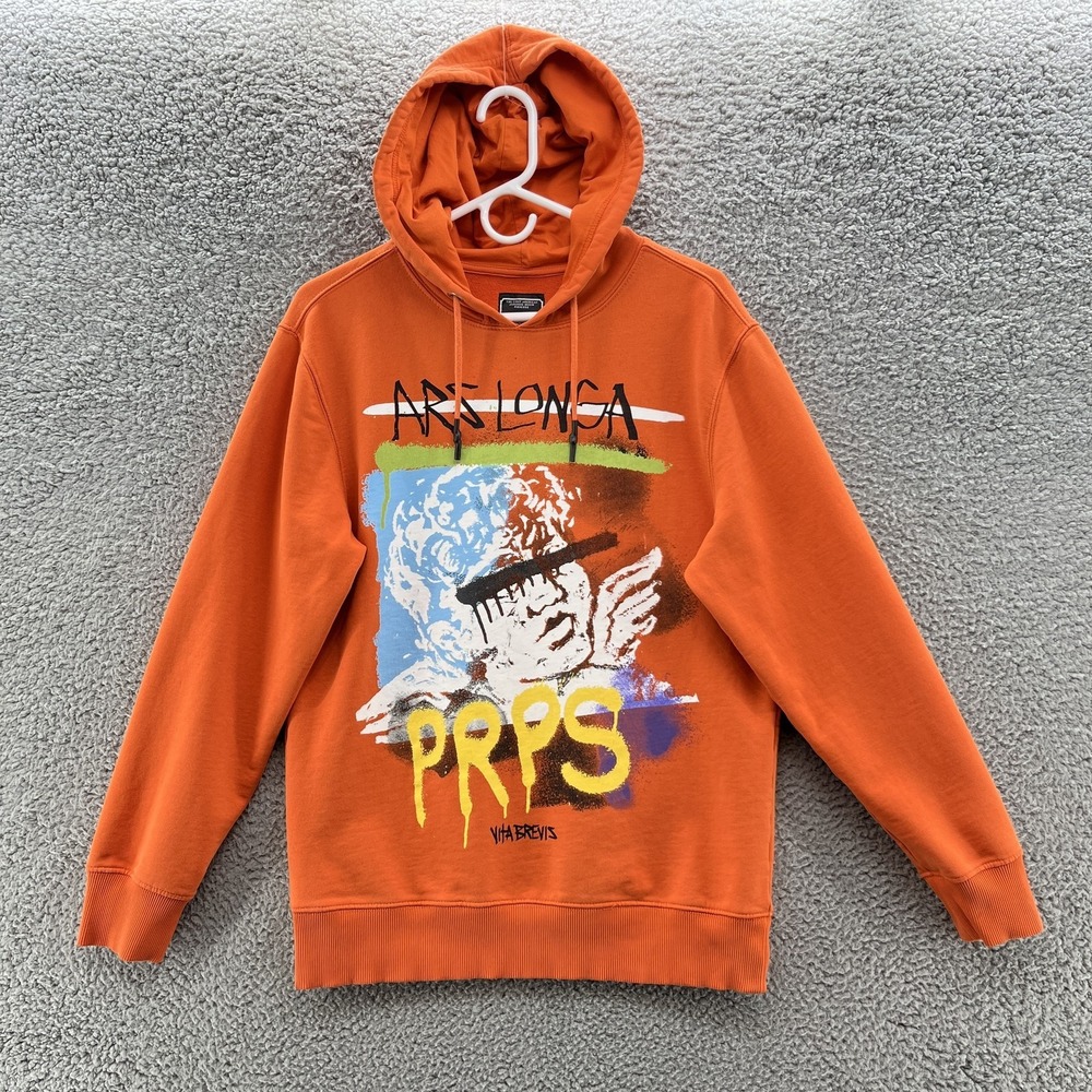 PRPS Hoodie Sweatshirt Men Small Orange Graphic Art Long Sleeve Streetwear Japan